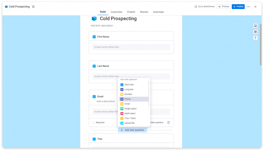 CarbonCRM Cold Prospecting, Creating a form