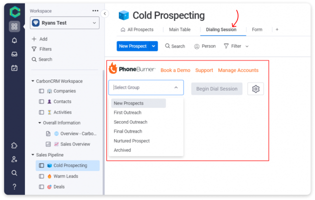 CarbonCRM Cold Prospecting, PhoneBurner App Integration