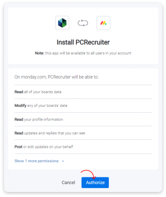 Authorize PCRecruiter on monday.com PCRecruiter monday.com authorization