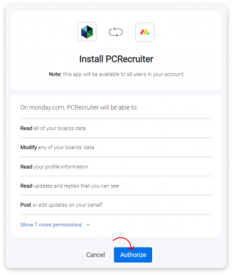 PCRecruiter monday.com authorization